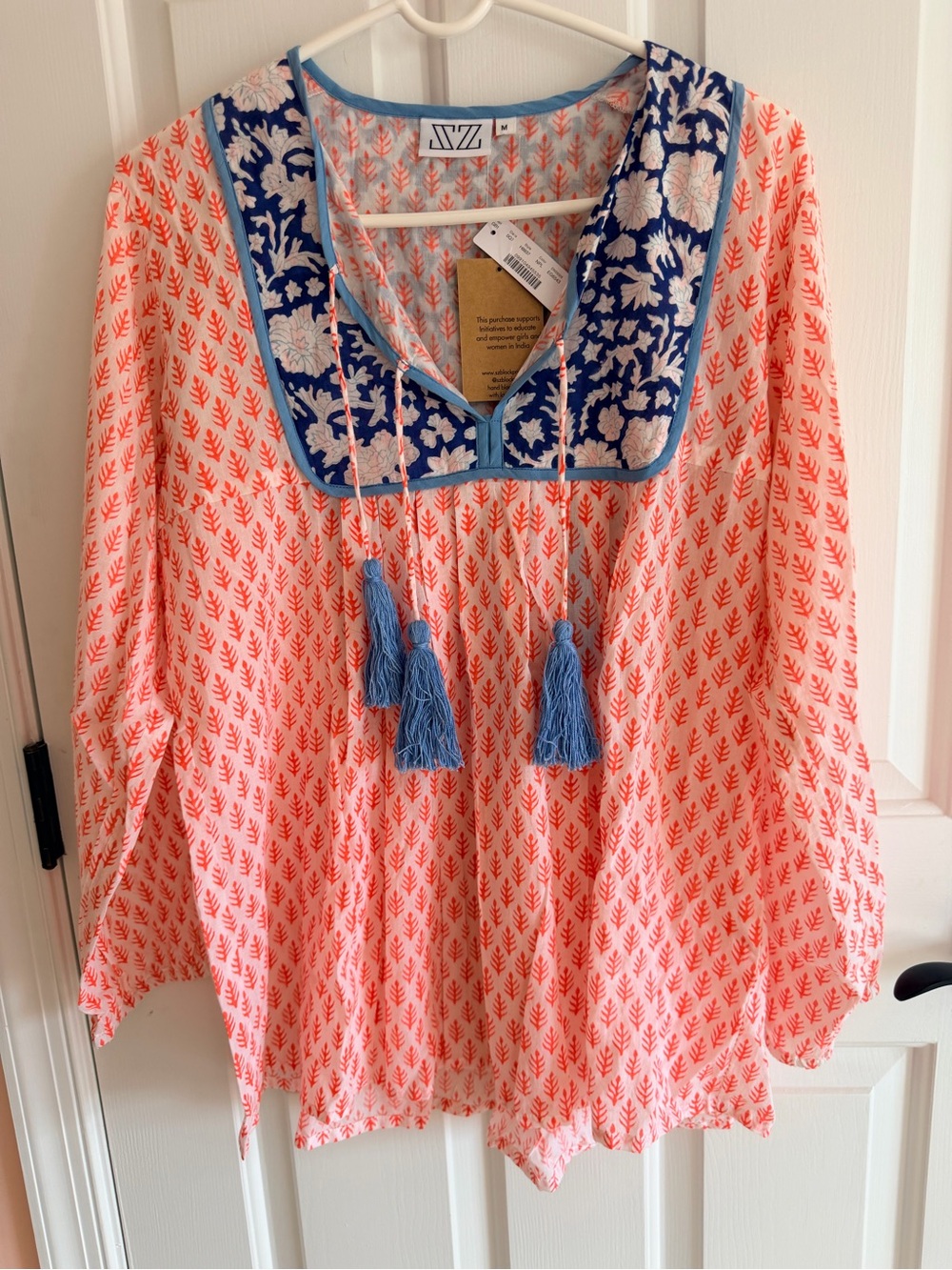 NWT- SZ Block-Print Coral Tunic with Blue Embroidered Yoke